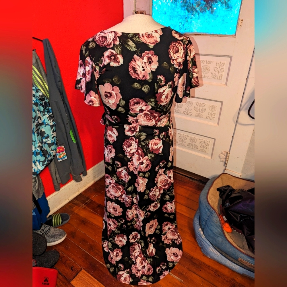 By & By Womens High Low Floral Wrap Front Dress Black Short Sleeve